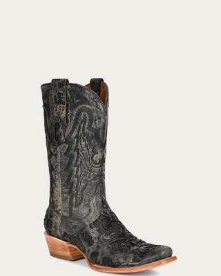 MENS BLACK ALLIGATOR INLAY EBOIDERY HORSEMAN TOE COWBOY BOOT-a4338