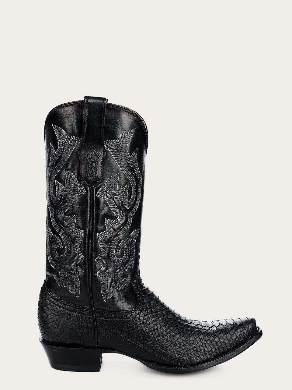 A4643 - MEN'S BLACK PYTHON EMBROIDERY SNIP TOE COWBOY BOOT