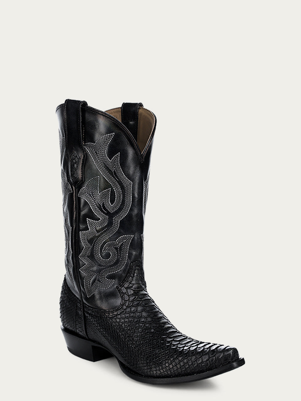 A4643 - MEN'S BLACK PYTHON EMBROIDERY SNIP TOE COWBOY BOOT