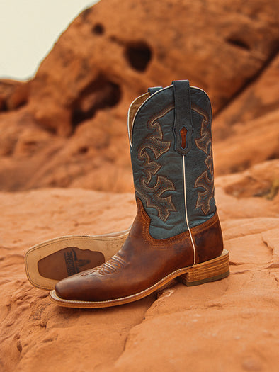 A4262 - MEN'S BLUE AND HONEY EMBROIDERY WIDE SQUARE TOE RODEO