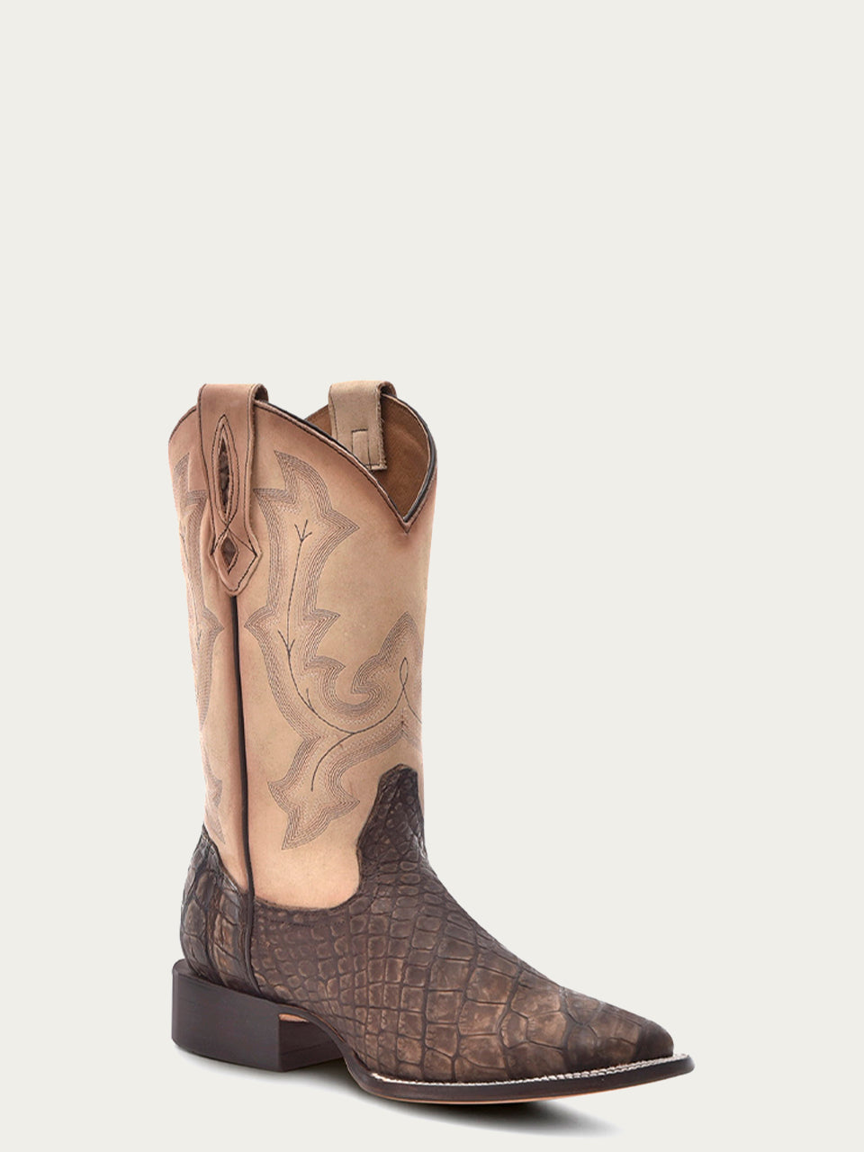 MENS CAPPUCCINO-SAND EMBROIDERY ALLIGATOR WIDE SQUARE-TOE COWBOY BOOT-b5003