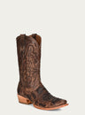 MENS CHOCOLATE ALLIGATOR INLAY AND EMBROIDERY HORSEMAN TOE BROWN COWBOY BOOT-a4337