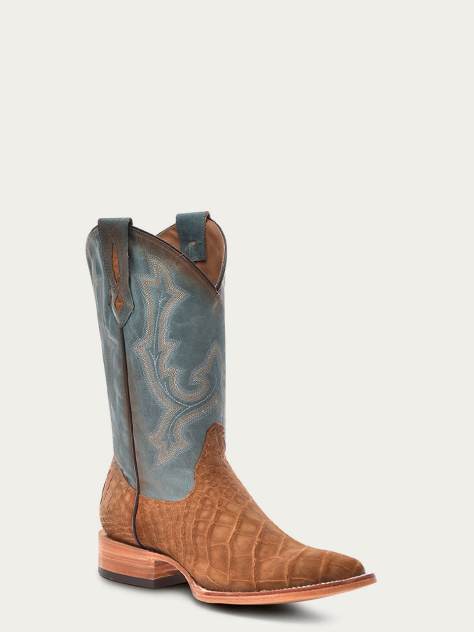 MENS EMBROIDERY BLUE SADDLE ALLIGATOR WIDE SQUARE-TOE COWBOY BOOT-b5005