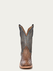 A4052 - MEN'S EMBROIDERY BROWN FULL QUILL OSTRICH SQUARE TOE BLUE