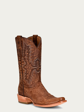 A4229 MEN'S EMBROIDERY BROWN GOAT NARROW SQUARE TOE COWBOY BOOT