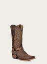 MENS EMBROIDERY BROWN SNIP TOE COWBOY BOOT WITH REMOVABLE HARNESS-c4025