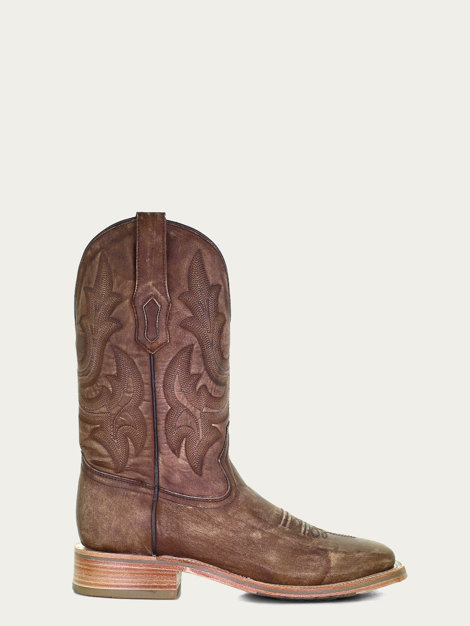 A4105 - MEN'S EMBROIDERY BROWN WIDE SQUARE TOE COWBOY BOOT