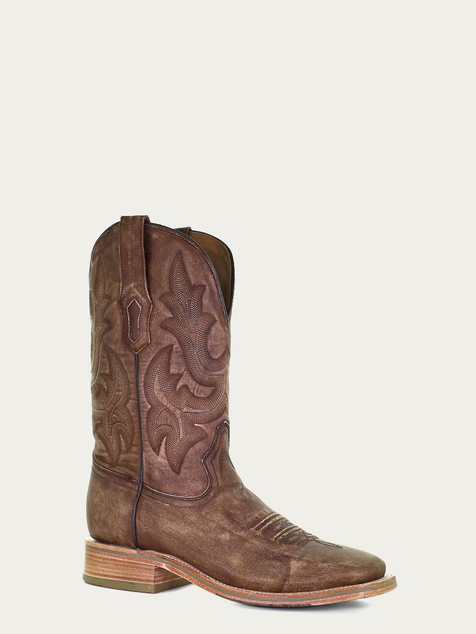 A4105 - MEN'S EMBROIDERY BROWN WIDE SQUARE TOE COWBOY BOOT