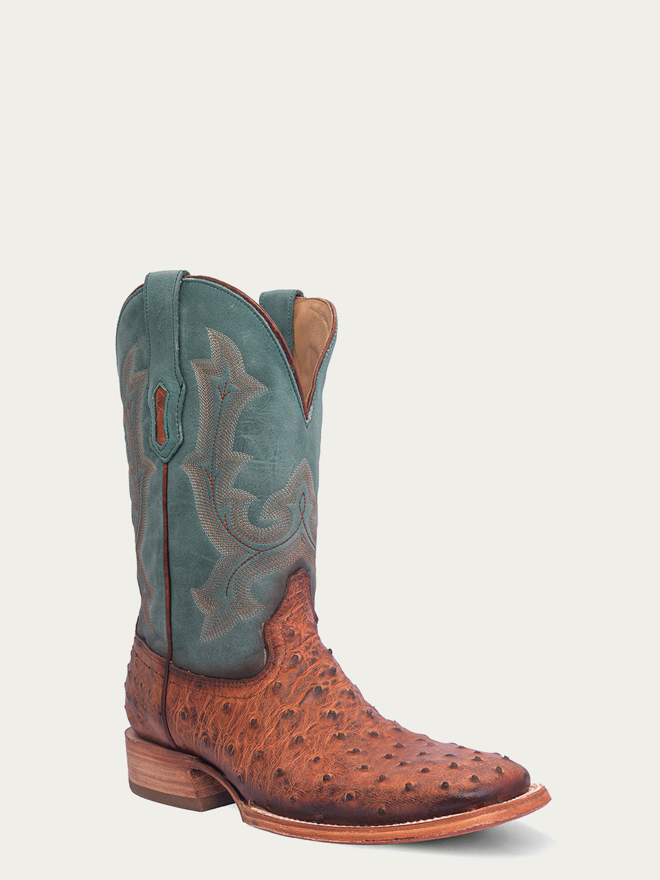 A4500 - MEN'S EMBROIDERY COGNAC FULL QUILL OSTRICH WIDE SQUARE TOE NAV ...