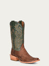 MENS EMBROIDERY GENUINE BROWN PYTHON VAMP WIDE SQUARE TOE GREEN COWBOY BOOT-