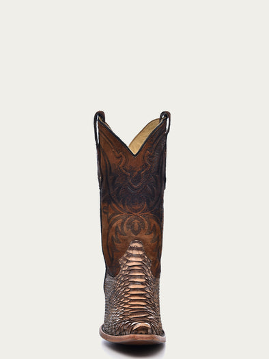 A4452 - MEN'S EMBROIDERY LAMB SHAFT GENUINE BROWN PYTHON VAMP SNIP