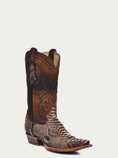 A4452 - MEN'S EMBROIDERY LAMB SHAFT GENUINE BROWN PYTHON VAMP SNIP