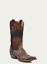 MENS EMBROIDERY LAMB SHAFT GENUINE BROWN PYTHON VAMP SNIP TOE COWBOY BOOT-a4452