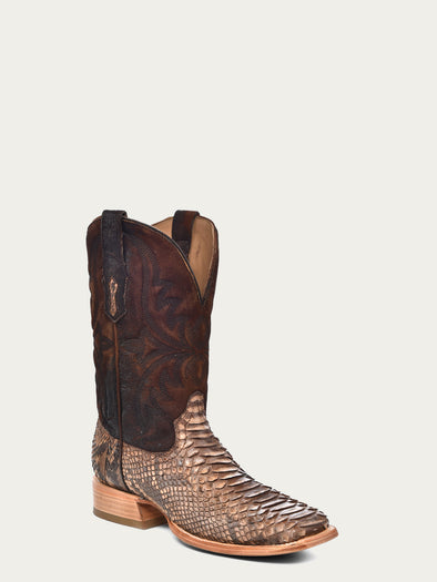 A4499 - MEN'S EMBROIDERY LAMB SHAFT GENUINE BROWN PYTHON VAMP WIDE
