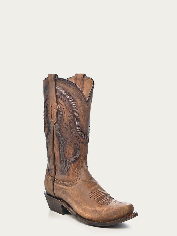 A3479 MEN'S GOLDEN BROWN WOVEN DETAIL NARROW SQUARE TOE COWBOY