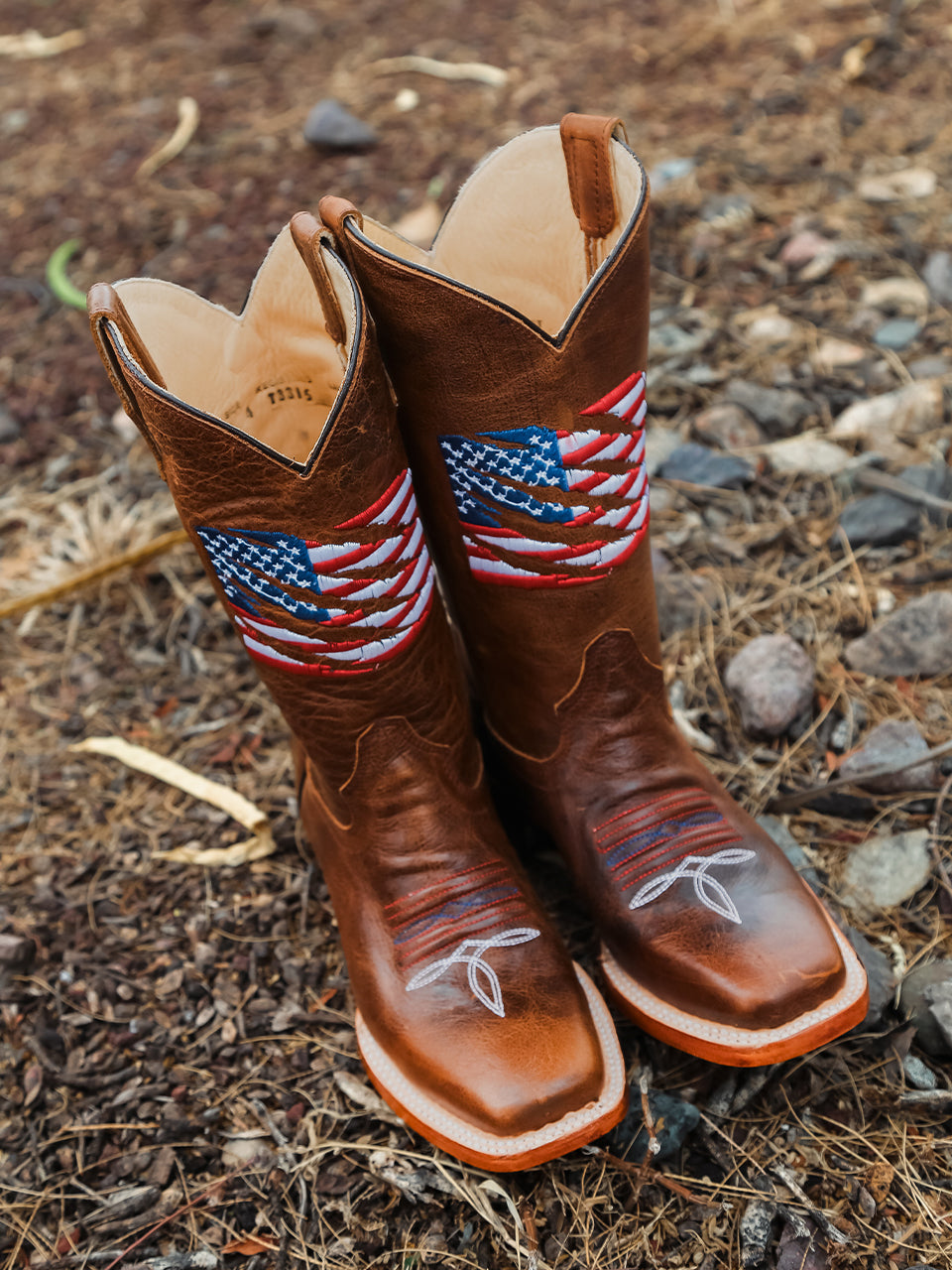 T0228 TEEN'S PATRIOTIC EMBROIDERY BROWN SQUARE TOE COWBOY BOOT