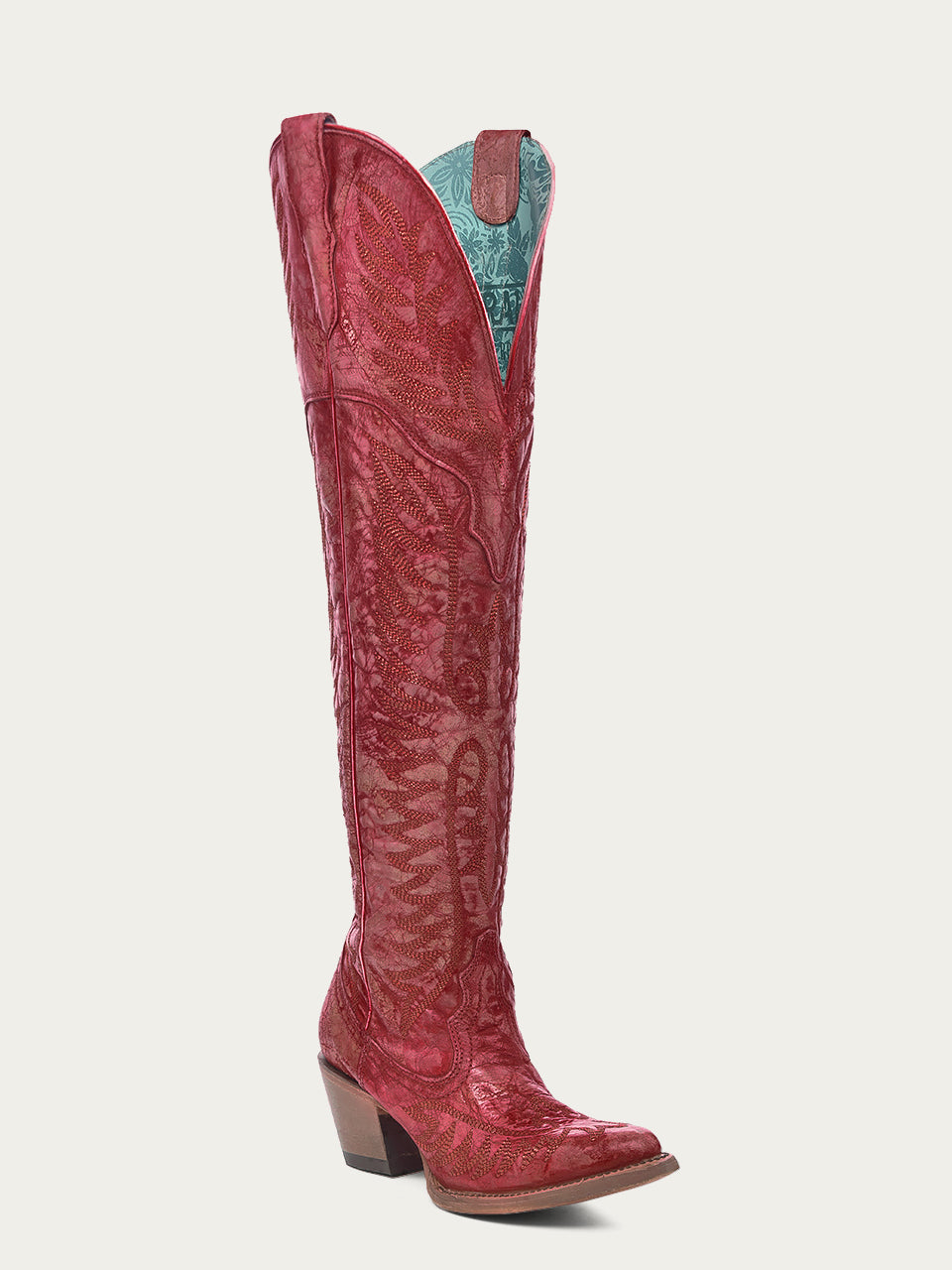 WOMENS DISTRESSED RED EMBROIDERY TALL TOP J TOE COWBOY BOOT A4212A