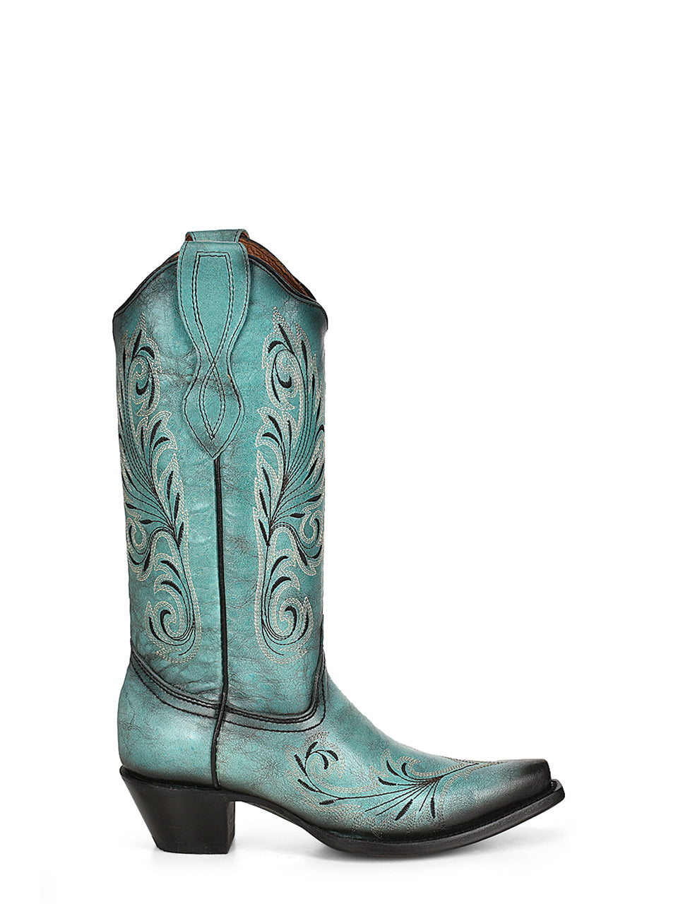 L2076 - WOMEN'S WHITE AND BLACK EMBROIDERY TURQUOISE SNIP TOE COWBOY BOOT