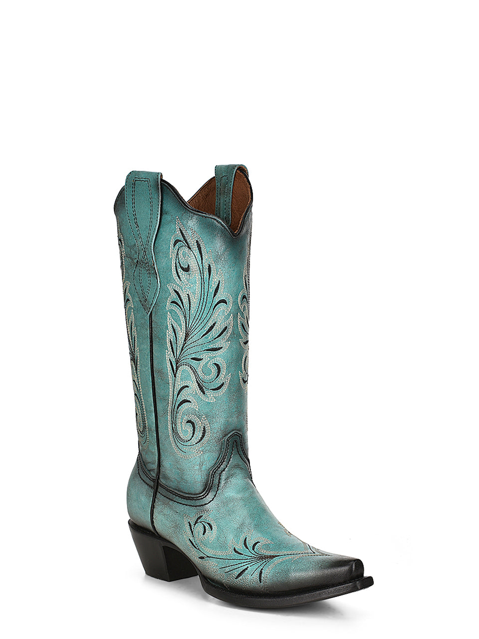 L2076 - WOMEN'S WHITE AND BLACK EMBROIDERY TURQUOISE SNIP TOE COWBOY BOOT