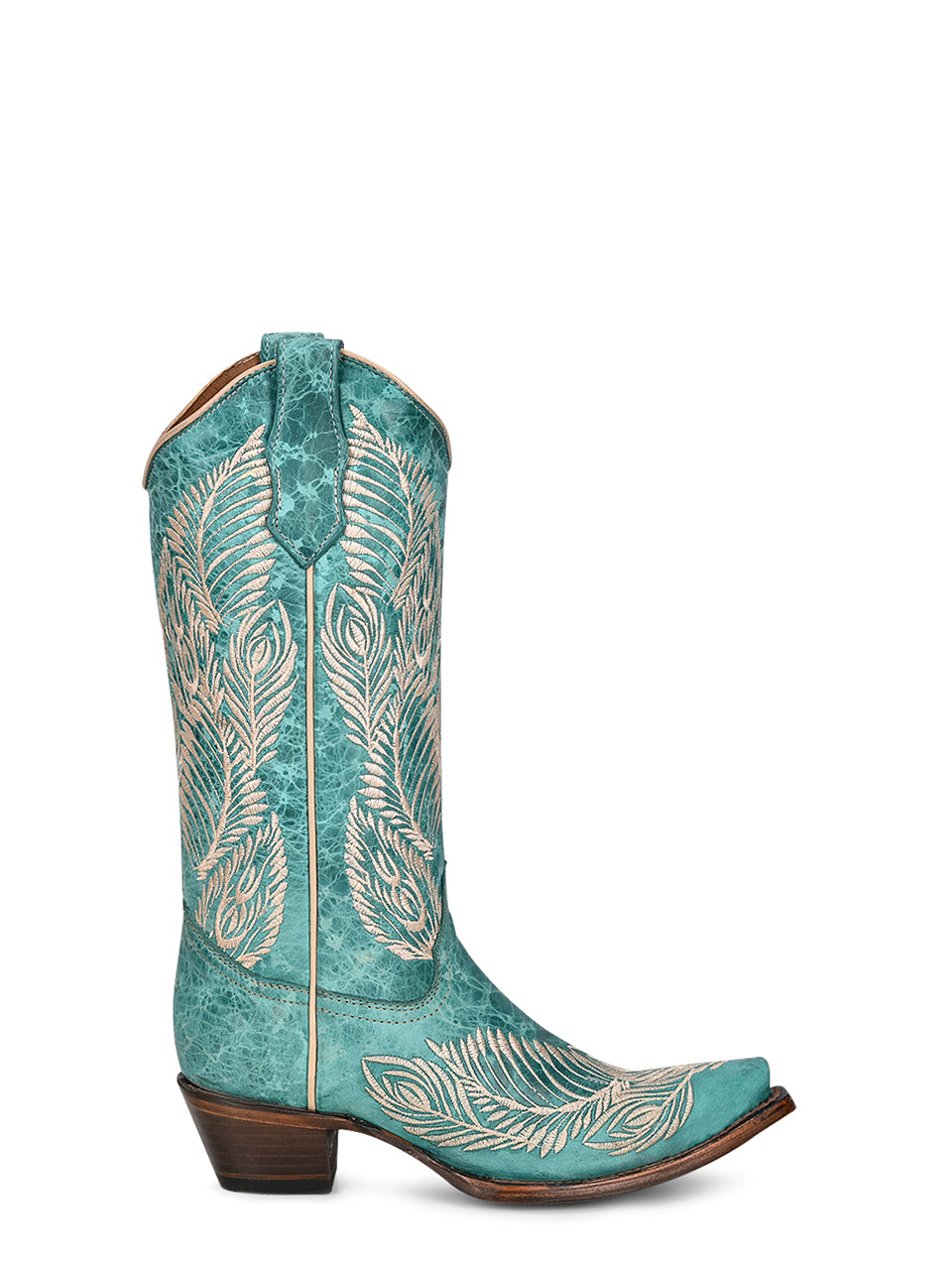 L5789 - WOMEN'S WHITE FEATHER EMBROIDERY TURQUOISE SNIP TOE COWBOY BOOT