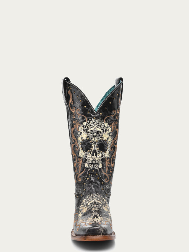 Black And White Rose Floral Skull Women's Boots