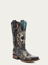 WOMEN'S BLACK AND WHITE FLORAL SUGAR SKULL SQUARE TOE COWBOY BOOT-z5005