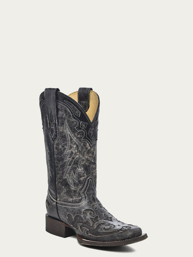 A2402 - WOMEN'S BLACK EMBROIDERY SNAKE INLAY SQUARE TOE COWBOY