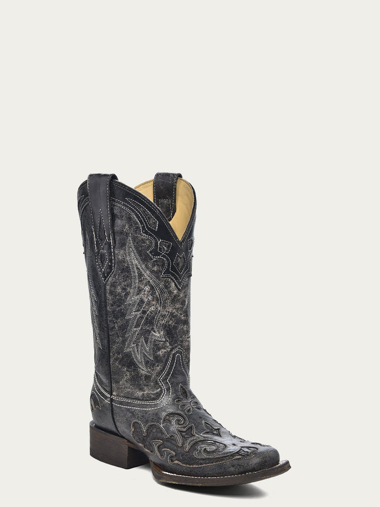 A2402 WOMEN'S BLACK EMBROIDERY SNAKE INLAY SQUARE TOE COWBOY