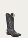 WOMENS BLACK EMBROIDERY SNAKE INLAY SQUARE TOE COWBOY BOOT-a2402