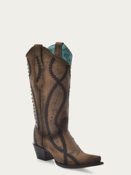 Z5247 - WOMEN'S BLACK EMBROIDERY WITH CRYSTALS AND STUDS BROWN