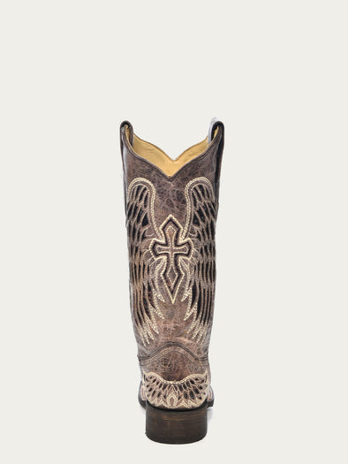 A1197 - WOMEN'S BLACK GLITTER INLAY CROSS AND WINGS EMBROIDERY