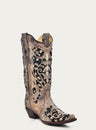 WOMENS BLACK GLITTER INLAY FLORAL OVERLAY WITH CRYSTALS AND STUDS SNIP TOE BROWN COWBOY BOOT-a3569