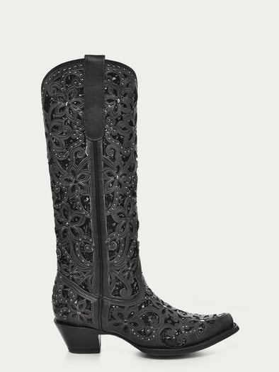 (取寄) コーラル ブーツ レディース A3589 Corral Boots women Corral Boots A3589 Black A3589 - WOMEN'S BLACK GLITTER INLAY FLORAL OVERLAY WITH CRYSTALS