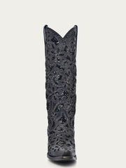 A3589 - WOMEN'S BLACK GLITTER INLAY FLORAL OVERLAY WITH CRYSTALS