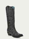 WOMENS BLACK GLITTER INLAY FLORAL OVERLAY WITH CRYSTALS AND STUDS SNIP TOE TALL TOP BLACK COWBOY BOOT-a3589