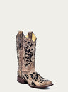 WOMENS BLACK GLITTER INLAY FLORAL OVERLAY WITH CRYSTALS AND STUDS SQUARE TOE BROWN COWBOY BOOT-a3648