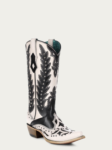 Hand Crafted Black and White Embroidered Cowboy Boot iron on Tina Black & White Flame Embroidered Cowboy Boot | Stetson main image 3