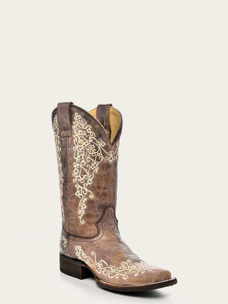 A2663 - WOMEN’S BONE COLOR FLORAL EMBROIDERY SQUARE TOE COWBOY