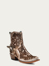 WOMEN'S BROWN 3D BRISTLE EMBROIDERY WITH STRAP AND ZIPPER DISTRESSED BEIGE SNIP TOE ANKLE BOOT-c4108