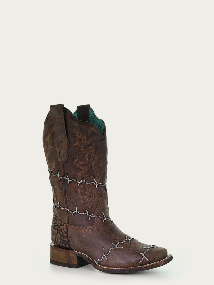 A3815 WOMEN'S BROWN WOVEN BARBED WIRE SQUARE TOE RODEO COWBOY