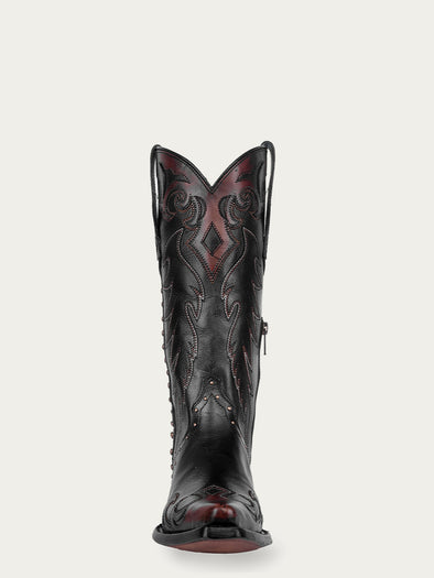 F1352 - WOMEN'S COGNAC EMBROIDERY AND STUDS BLACK SNIP TOE COWBOY