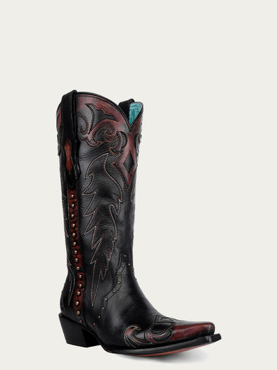 F1352 - WOMEN'S COGNAC EMBROIDERY AND STUDS BLACK SNIP TOE COWBOY
