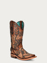 WOMENS COGNAC OVERLAY EMBROIDERY AND STUDS SQUARE TOE COWBOY BOOT-c3966