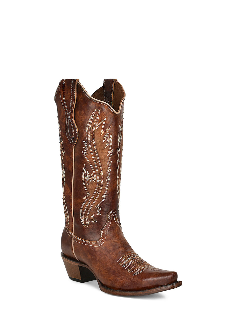 L2068 - WOMEN'S EMBROIDERY AND STUDS TAN SNIP TOE COWBOY BOOT