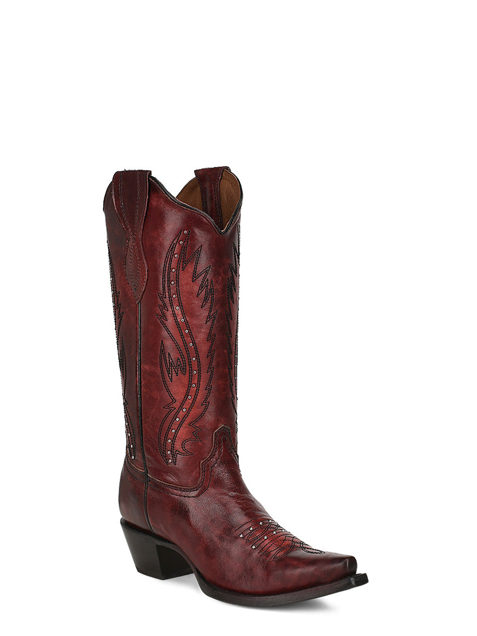 L2067 - WOMEN'S EMBROIDERY AND STUDS WINE SNIP TOE COWBOY BOOT