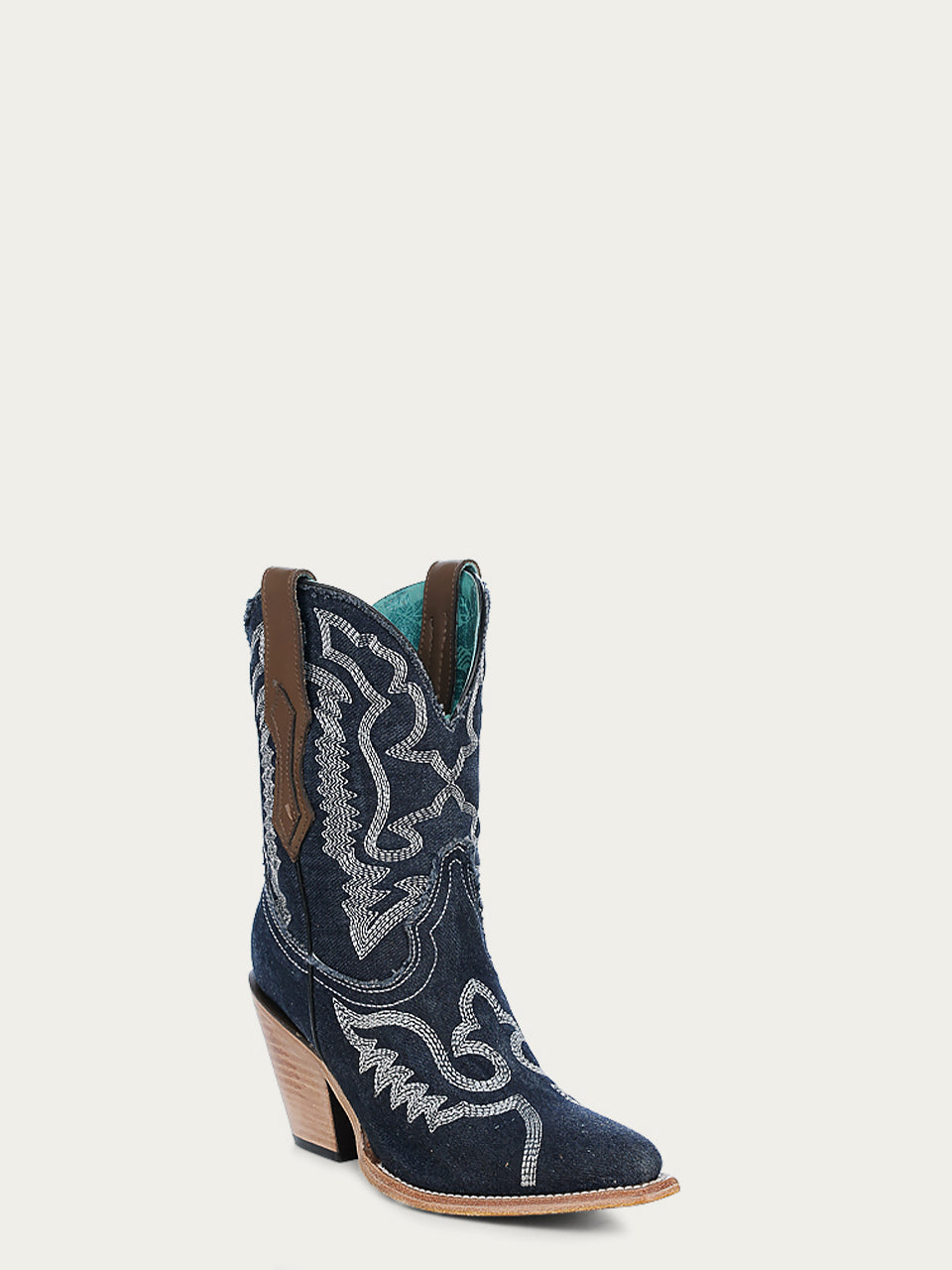 Z5273 - WOMEN'S EMBROIDERY BLUE DENIM POINTED TOE COWBOY ANKLE BOOT