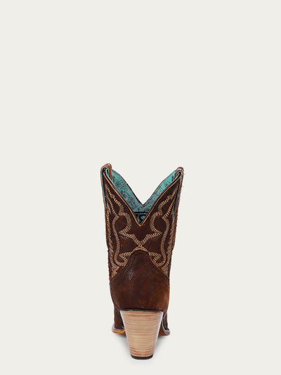 Z5272 WOMEN'S EMBROIDERY BROWN LAMB POINTED TOE COWBOY ANKLE