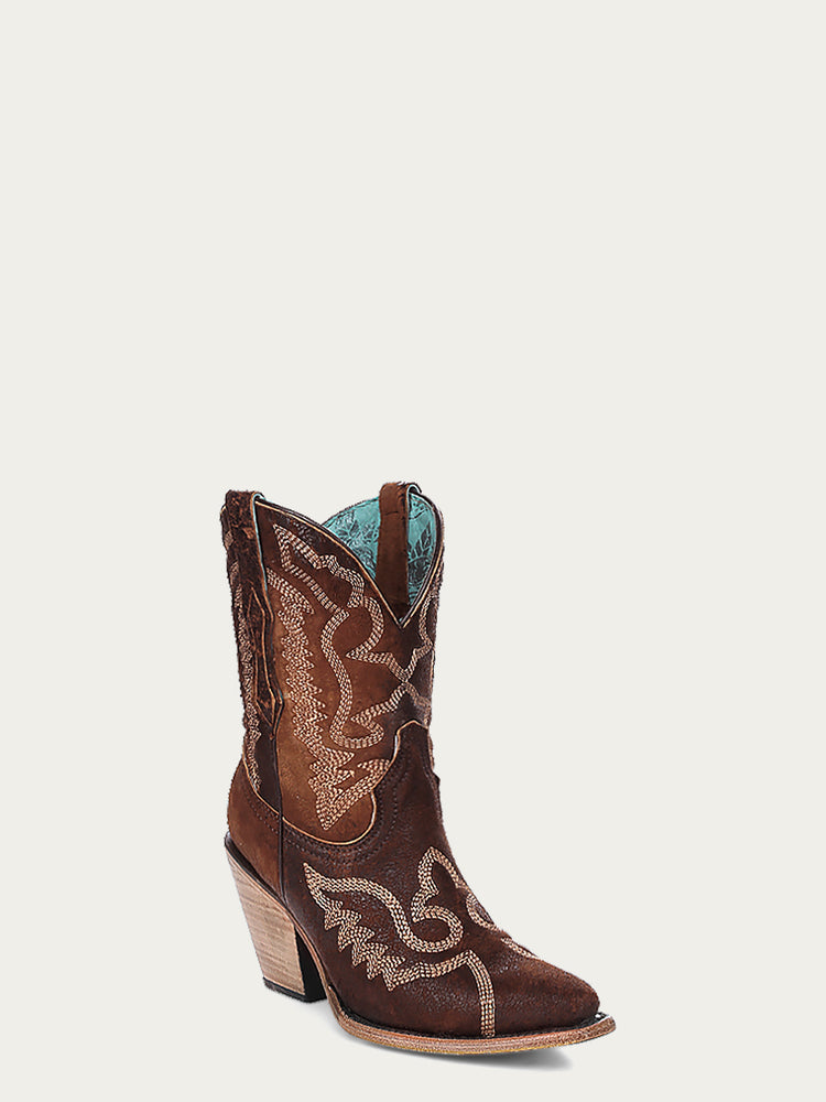 Z5272 WOMEN'S EMBROIDERY BROWN LAMB POINTED TOE COWBOY ANKLE