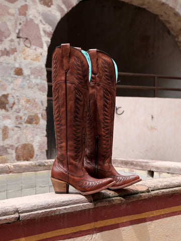 E1507 WOMEN'S EMBROIDERY COGNAC J TOE TALL TOP COWBOY BOOT