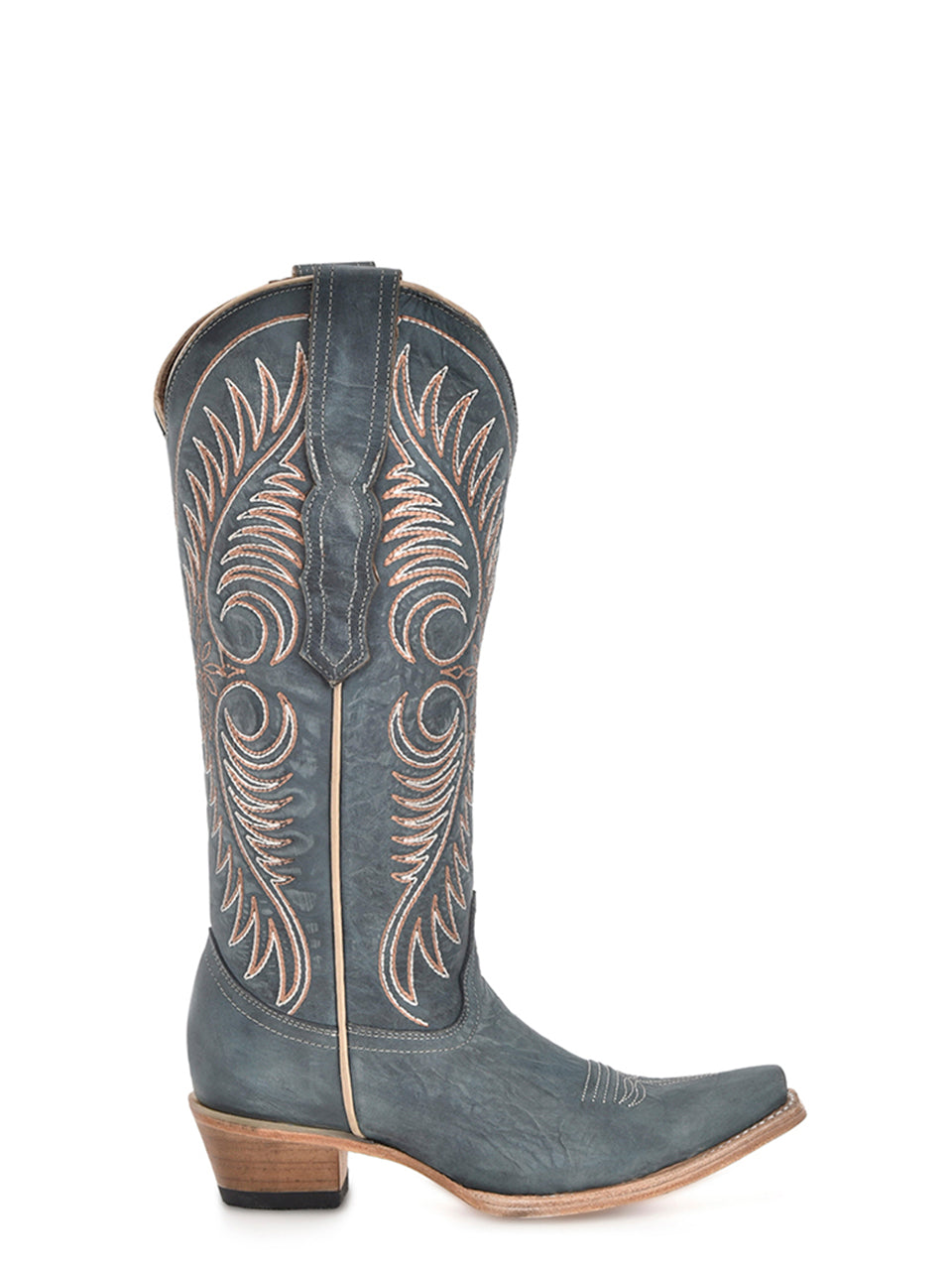 L6120 - WOMEN'S EMBROIDERY DSITRESSED BLUE SNIP TOE COWBOY BOOT